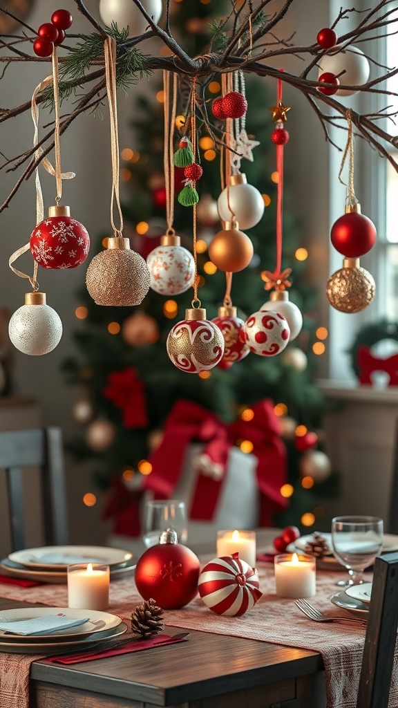A beautifully decorated Christmas table with hanging ornaments and candles.
