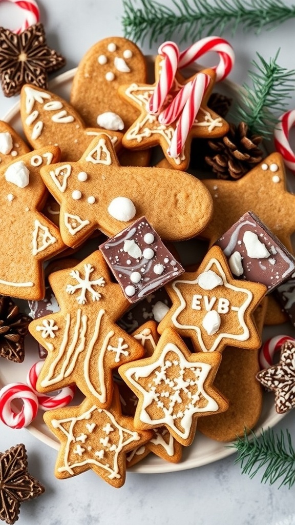 A plate of decorated gingerbread cookies, candy canes, and chocolate treats.