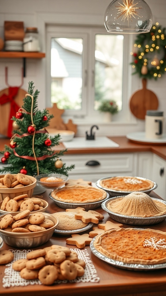 A cozy kitchen scene with homemade winter treats including pies and cookies.