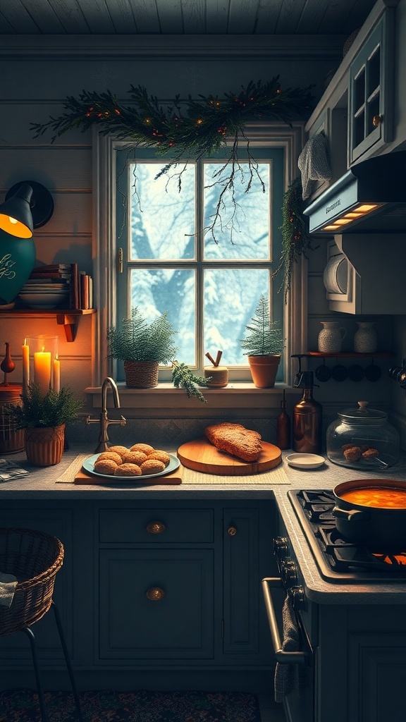 A cozy kitchen with winter decorations, cookies, and a pot on the stove.
