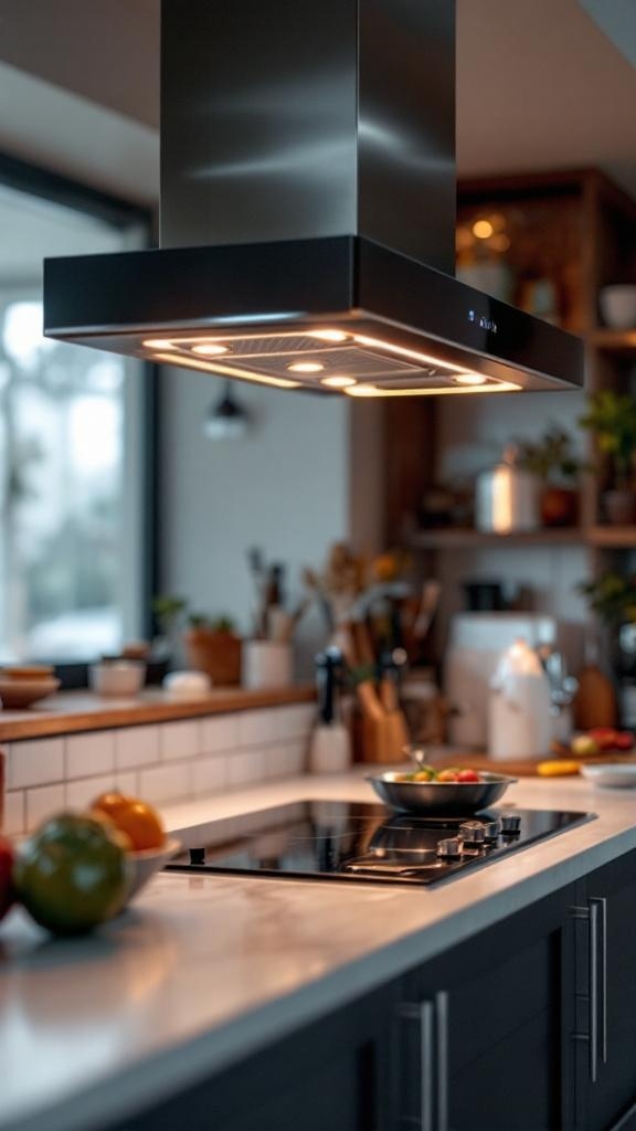 A modern kitchen hood with LED lighting above a stovetop, featuring a sleek design and a well-organized kitchen space.