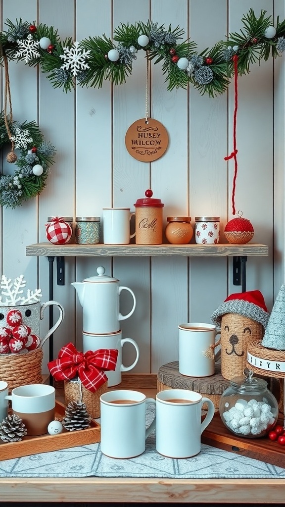 A cozy hot beverage station with mugs, a teapot, and festive decorations.