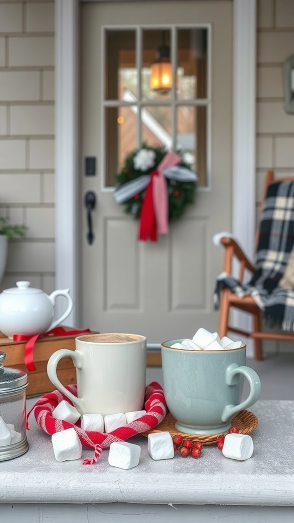 A cozy hot beverage station with mugs of hot cocoa and marshmallows on a winter porch.