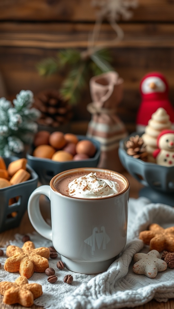 A cozy setup featuring a mug of hot chocolate with whipped cream, surrounded by festive cookies and snacks.