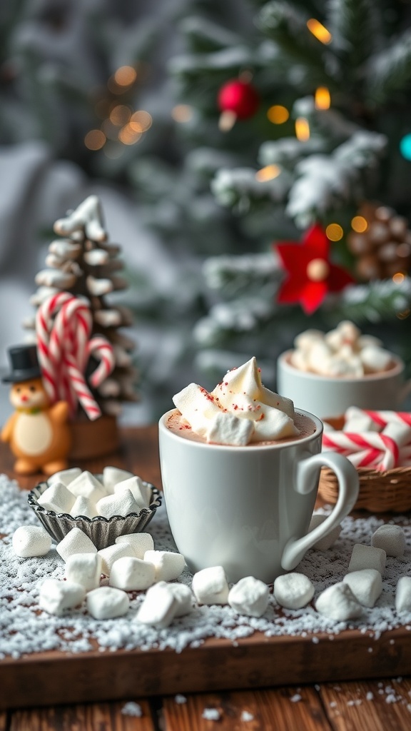 A cozy hot chocolate bar setup with mugs, marshmallows, and festive decorations.