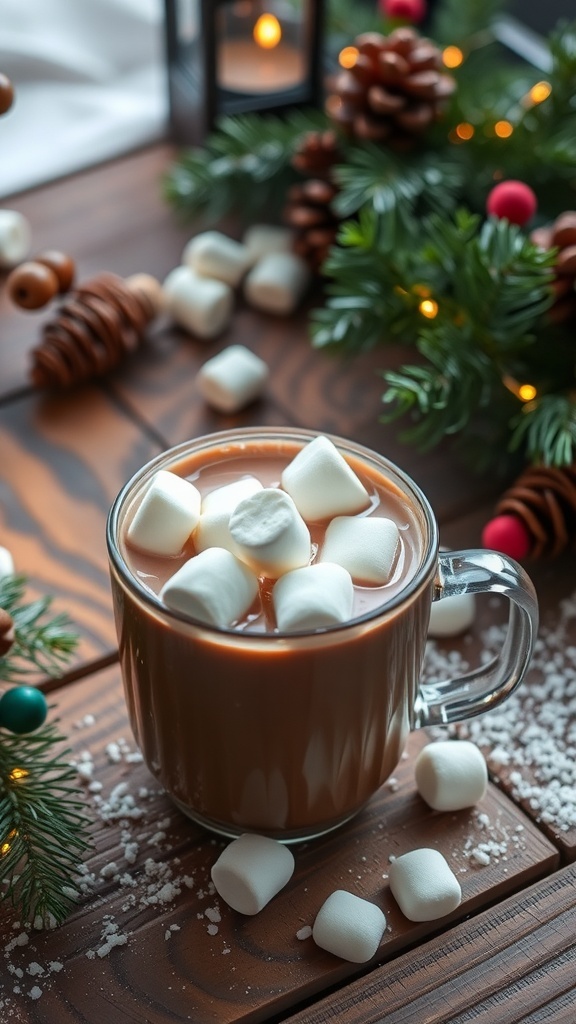 A cozy cup of hot chocolate topped with marshmallows, surrounded by festive decorations.