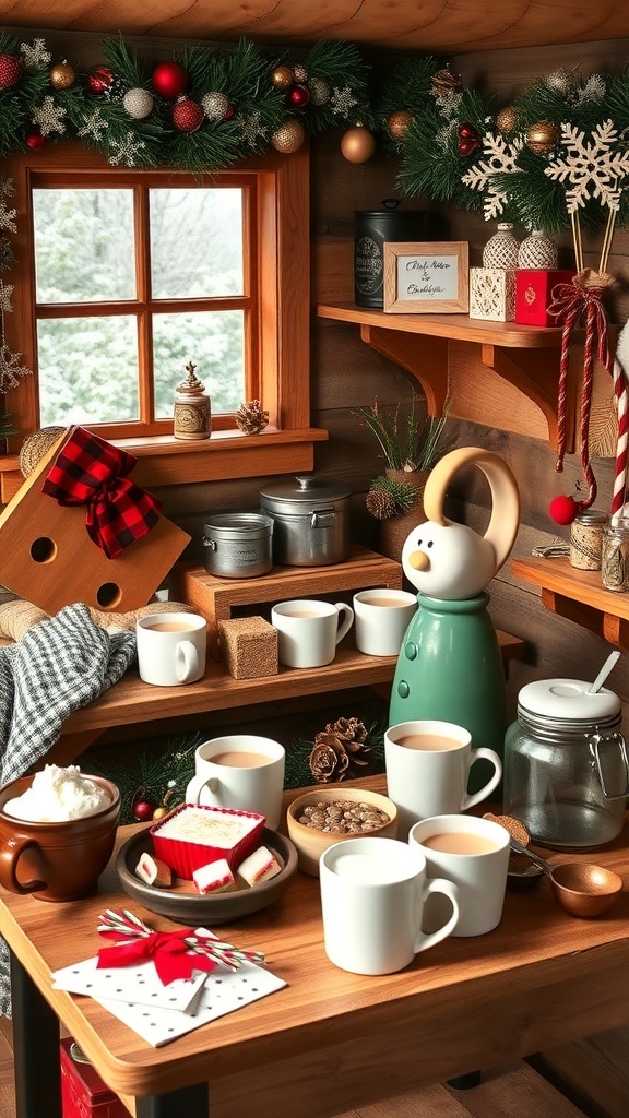 A festive hot cocoa bar with mugs, marshmallows, and holiday decorations.