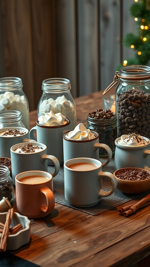A festive hot cocoa station with mugs of cocoa, marshmallows, and a 'Happy Cocoa' sign.
