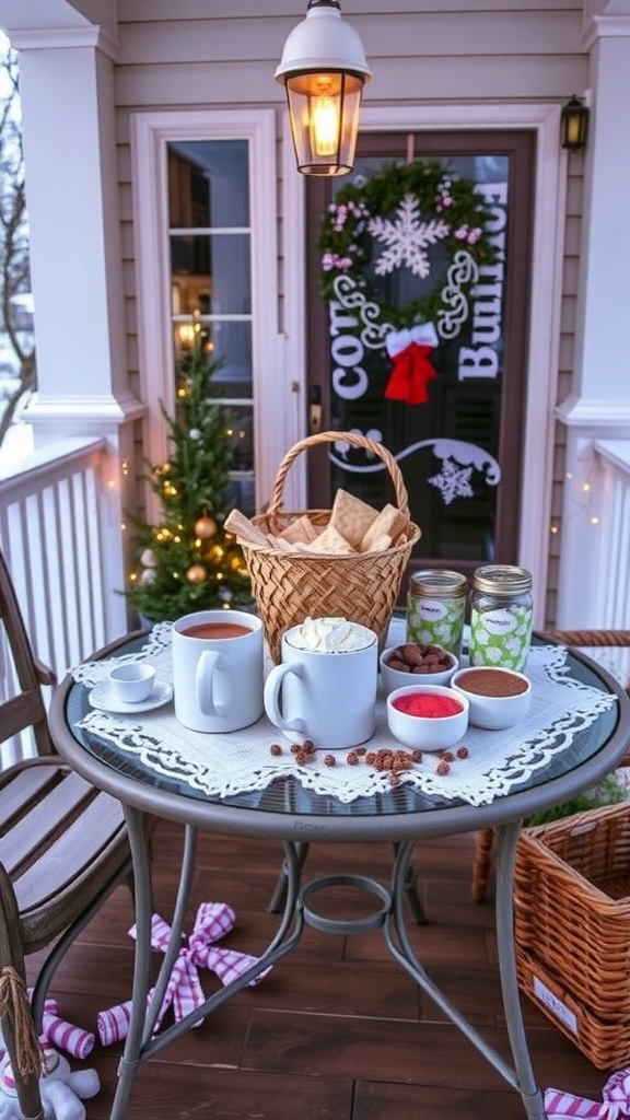 A charming hot cocoa station on a front porch with mugs, toppings, and a festive atmosphere.