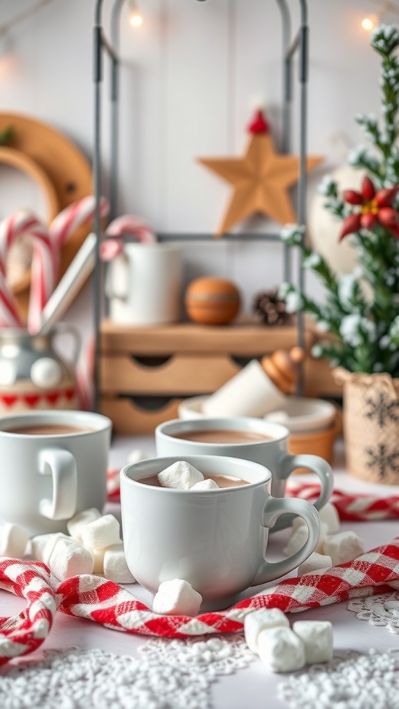 A cozy hot cocoa station with mugs, marshmallows, and candy canes.