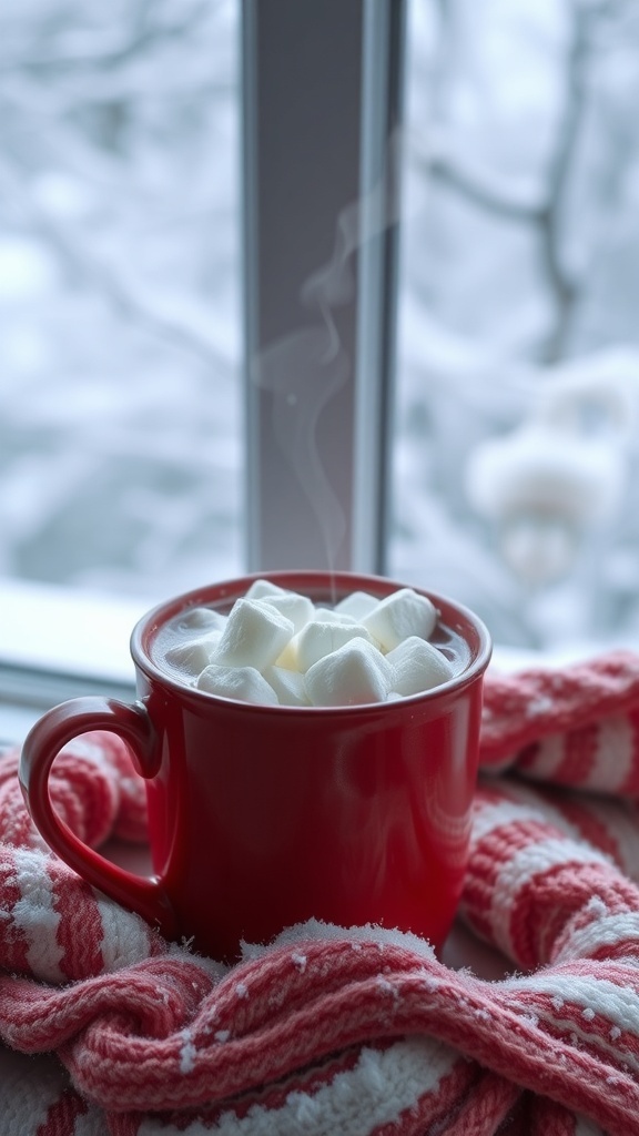 A steaming cup of hot cocoa topped with marshmallows, placed on a red and white striped scarf near a snowy window.