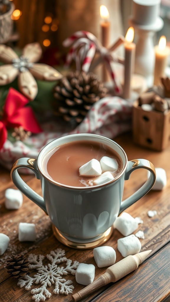 A cozy cup of hot cocoa topped with marshmallows, surrounded by festive decorations.