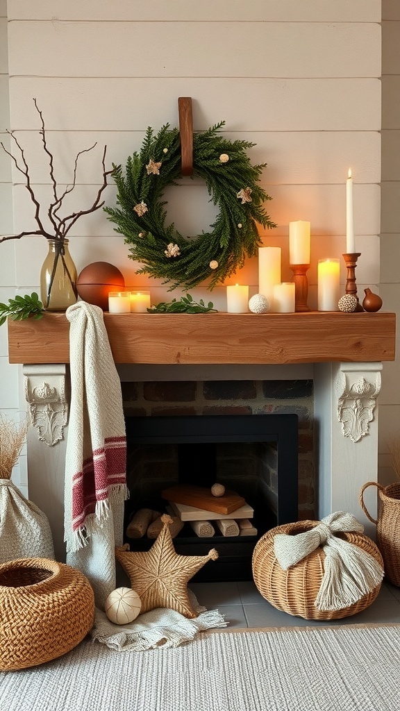 A cozy mantel decorated with a wreath, candles, and woven baskets.
