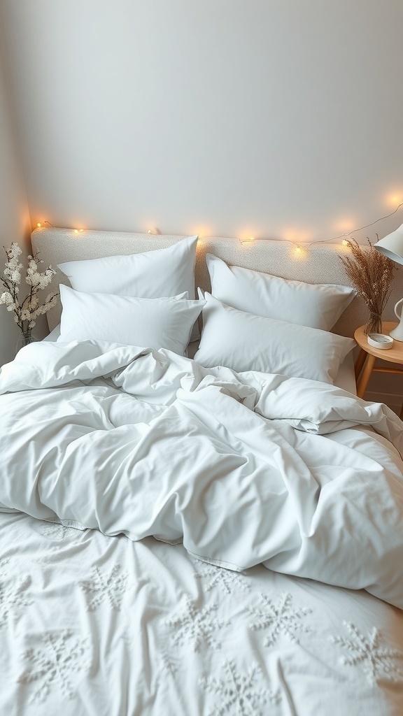 Cozy winter bedding with white pillows and a soft duvet