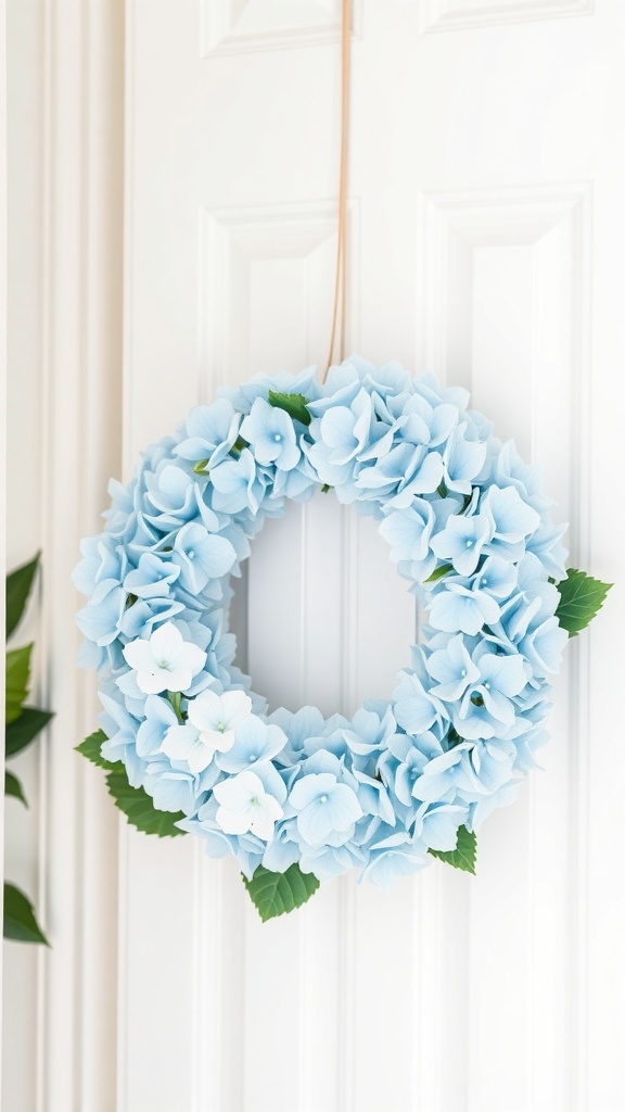 A beautiful ice blue hydrangea wreath hanging on a door.
