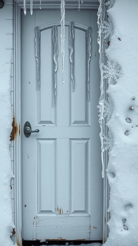 A white door with icicles hanging from the top, surrounded by snow.