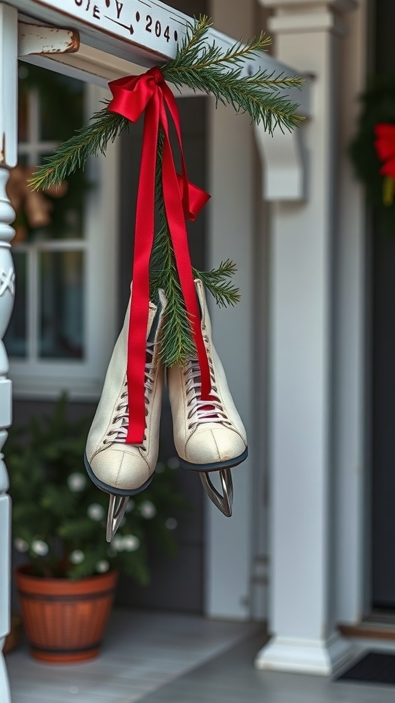 Decorated ice skates hanging with red ribbons and greenery on a porch