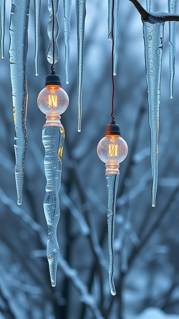 Icicle-inspired lights hanging from branches, glowing softly in a winter setting.