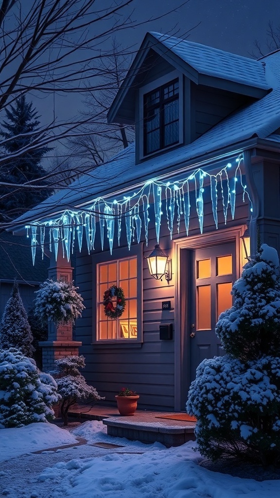 Icicle blue string lights hanging from a house during winter.