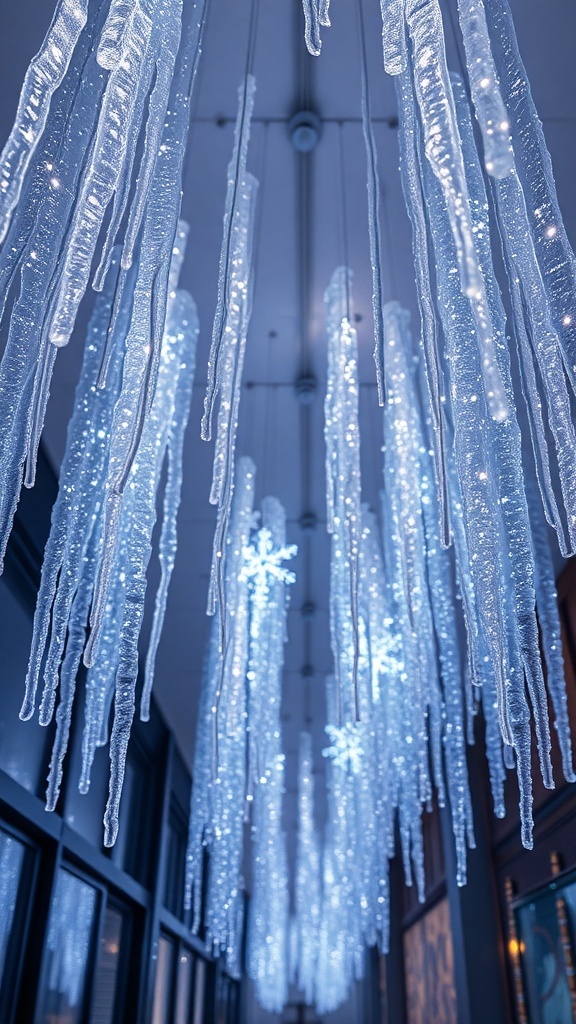Icicle decorations hanging from the ceiling, creating a frosty look.