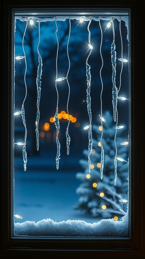 Icicle string lights hanging in a window with snow outside