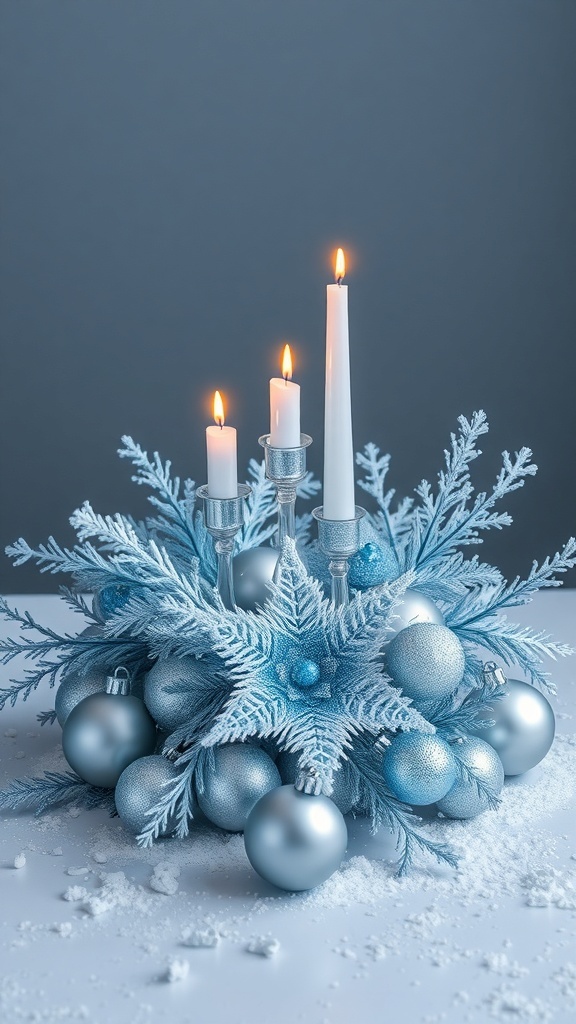A winter centerpiece featuring icy blue and silver decorations, including candles and ornaments.