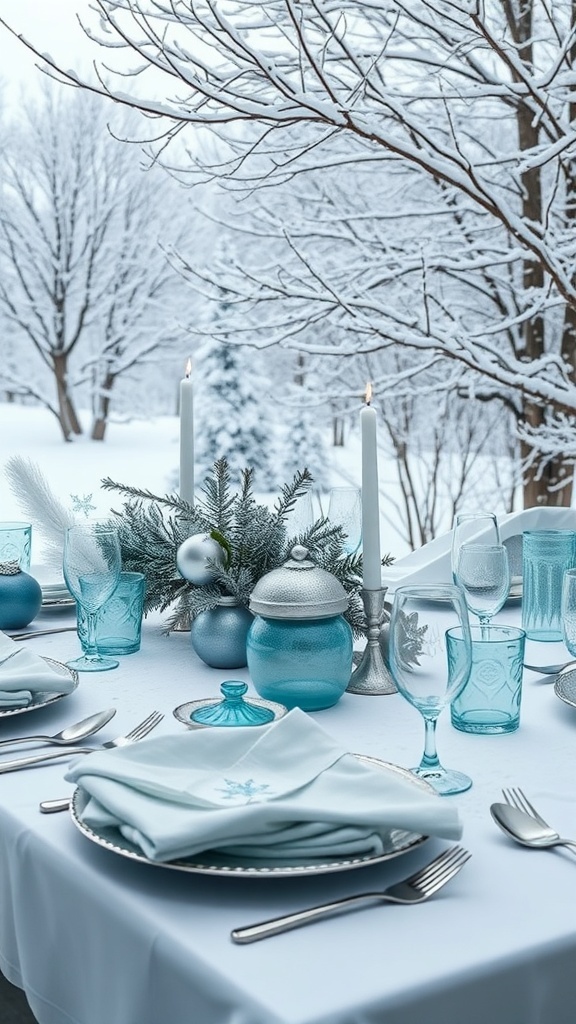 A beautifully set winter table with icy blue and silver tableware, surrounded by snow-covered trees.