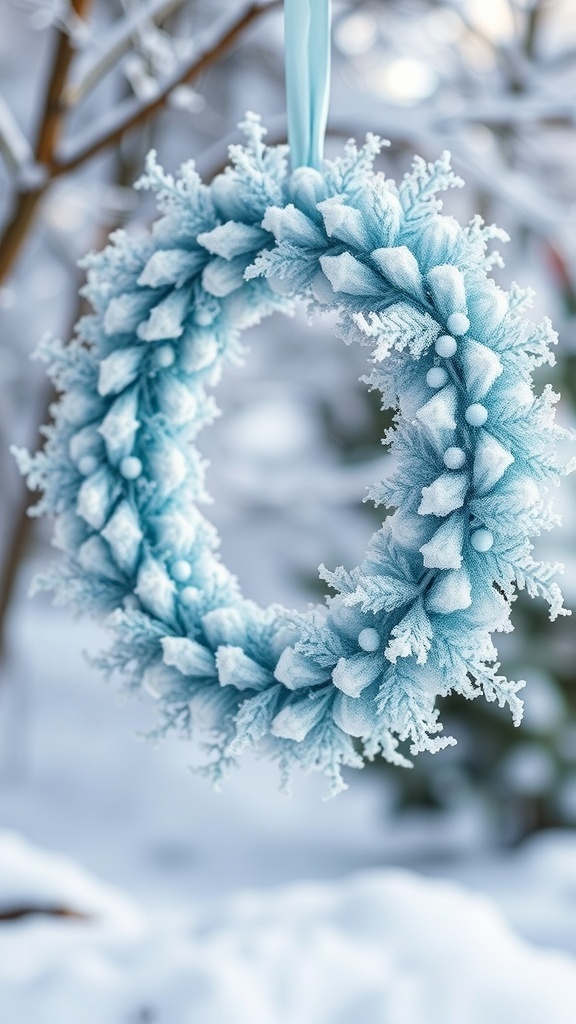 A beautiful icy blue and white wreath hanging in a snowy setting.