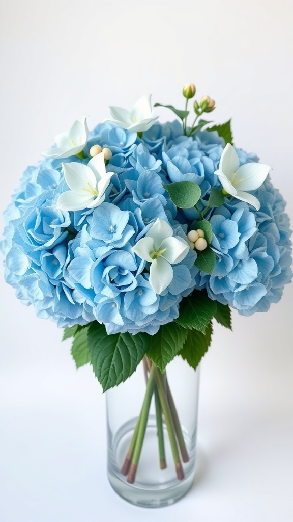 A bouquet of icy blue hydrangeas with white flowers in a clear vase.