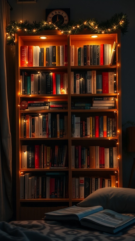 A bookshelf adorned with Christmas lights, filled with books, creating a cozy reading nook.