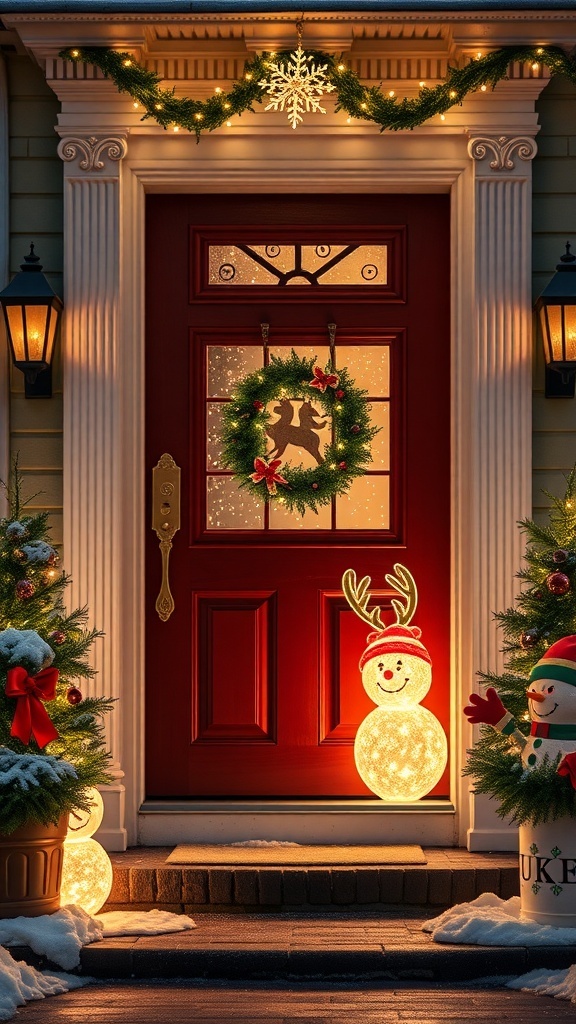 A decorated front door with a snowman and reindeer illuminated figures, surrounded by Christmas trees and a wreath.