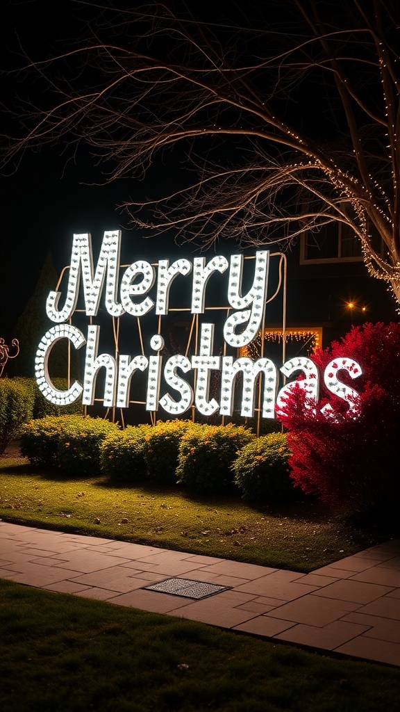 A large illuminated sign that says 'Merry Christmas' in bright lights.
