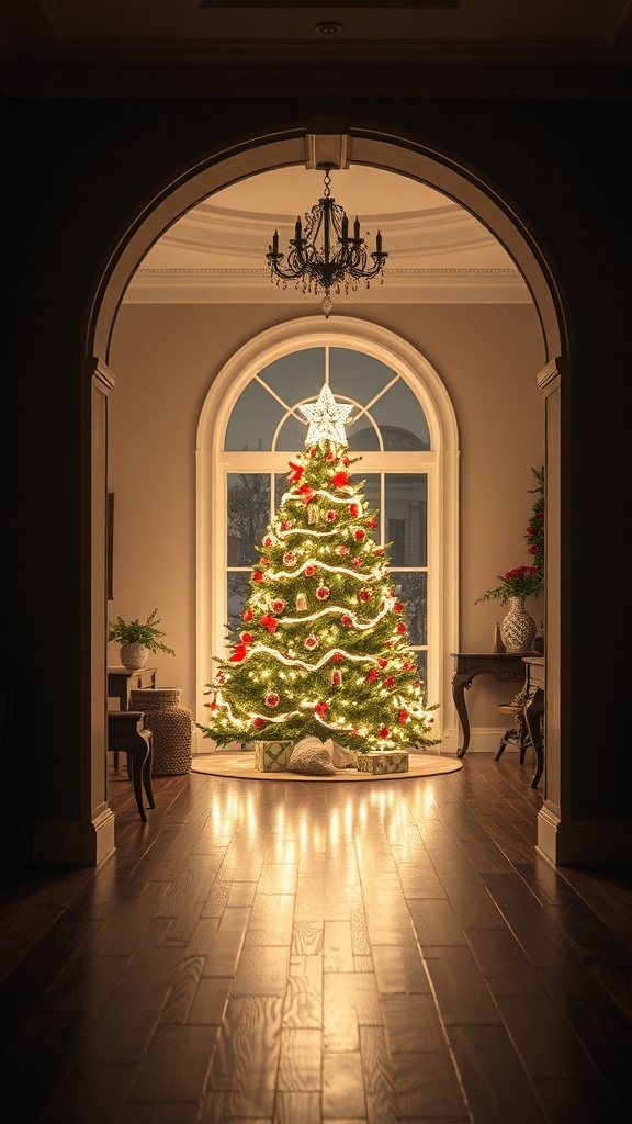 A beautifully decorated Christmas tree with lights and ornaments, viewed through an archway.