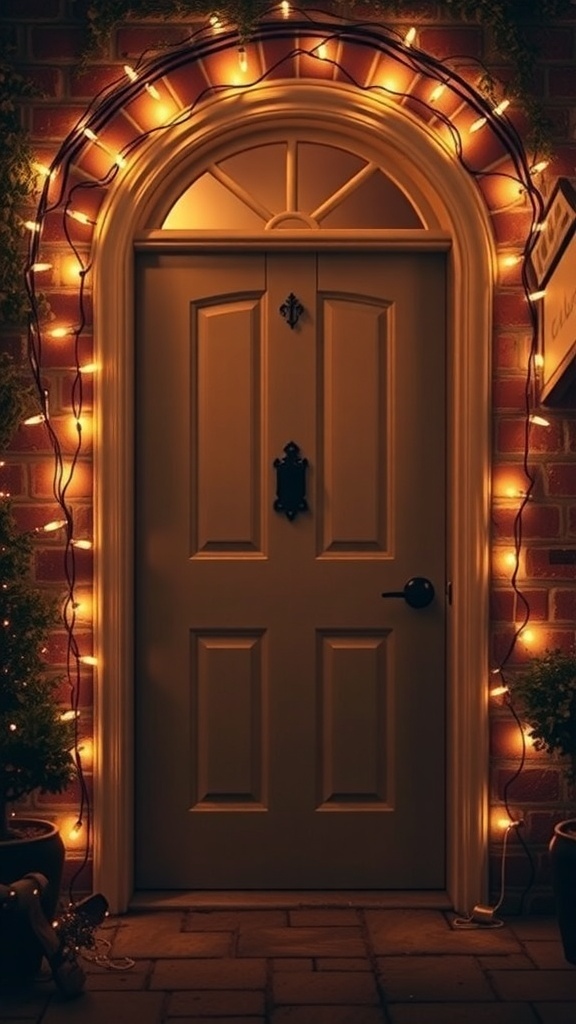 A beautifully decorated doorway with twinkling lights for Christmas.