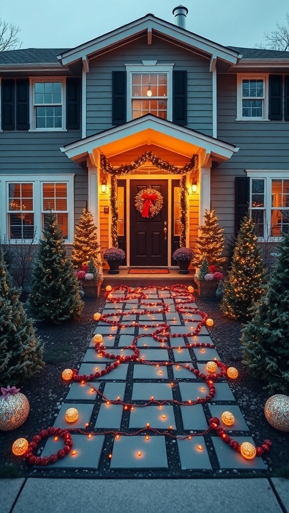 A beautifully decorated pathway leading to a house, featuring string lights, ornaments, and festive greenery.