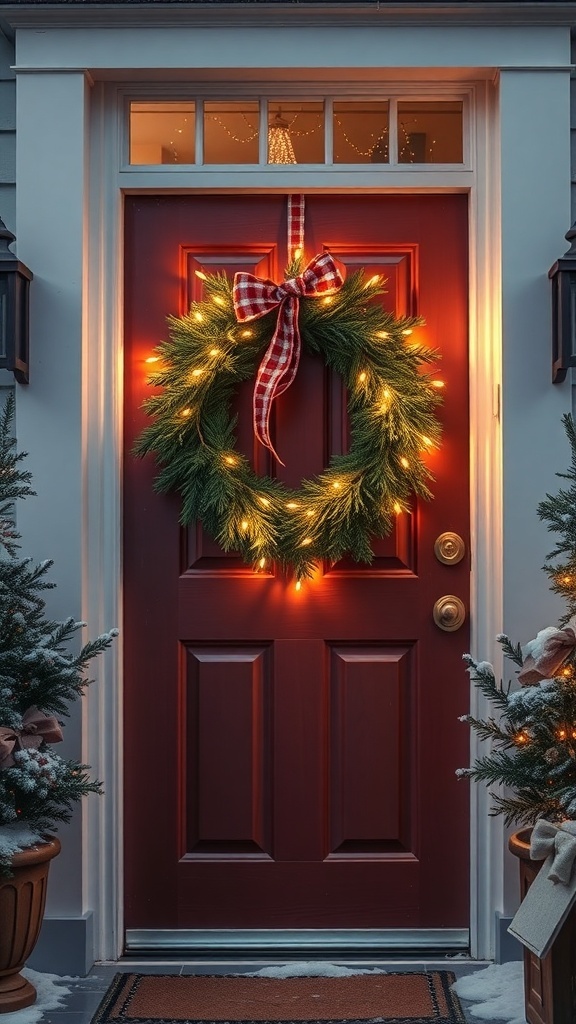 A beautifully lit holiday wreath on a red door, surrounded by snow and festive decorations.