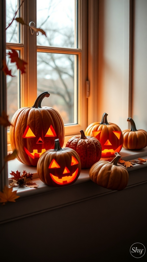 A collection of illuminated jack-o'-lanterns on a windowsill, showcasing various expressions and surrounded by autumn leaves.