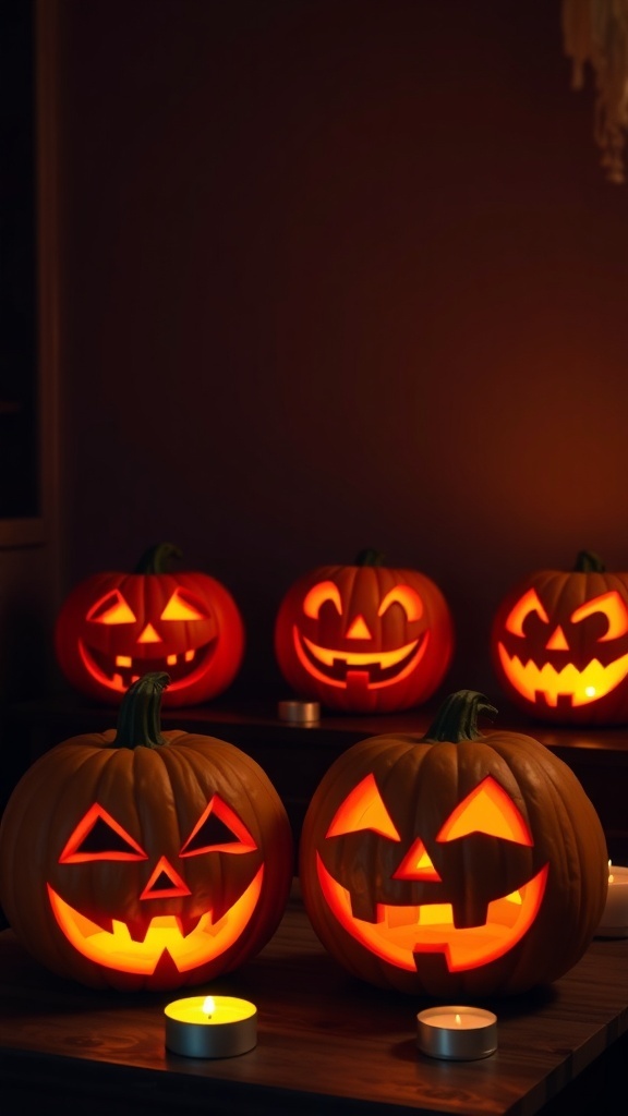 A collection of illuminated jack-o'-lanterns with different facial expressions glowing warmly.