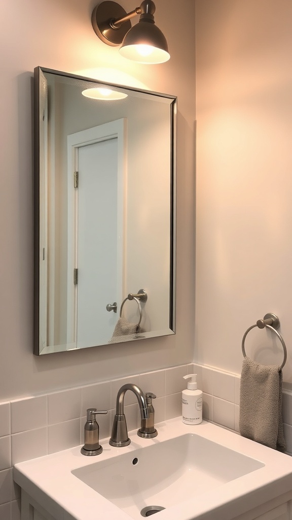 A modern bathroom with an illuminated mirror and stylish fixtures.