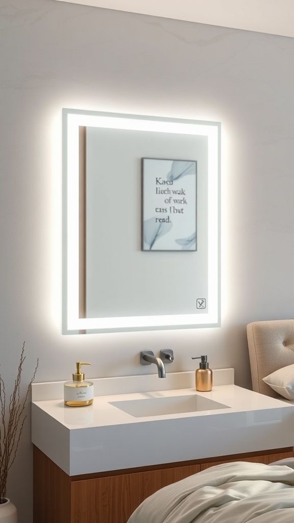 A modern illuminated mirror above a stylish sink in a bedroom setting.