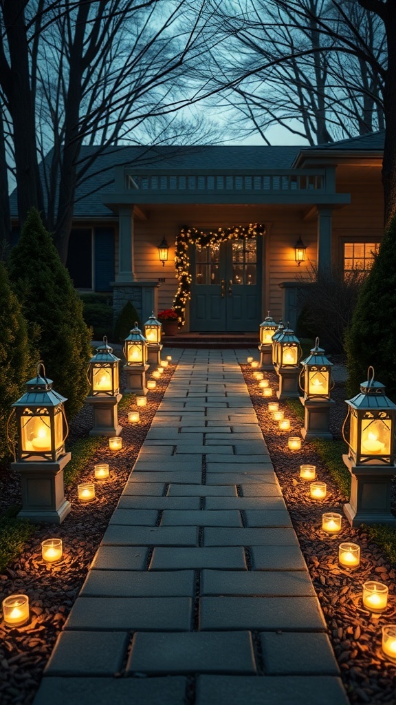 Pathway lined with glowing lanterns and candles leading to a cozy home