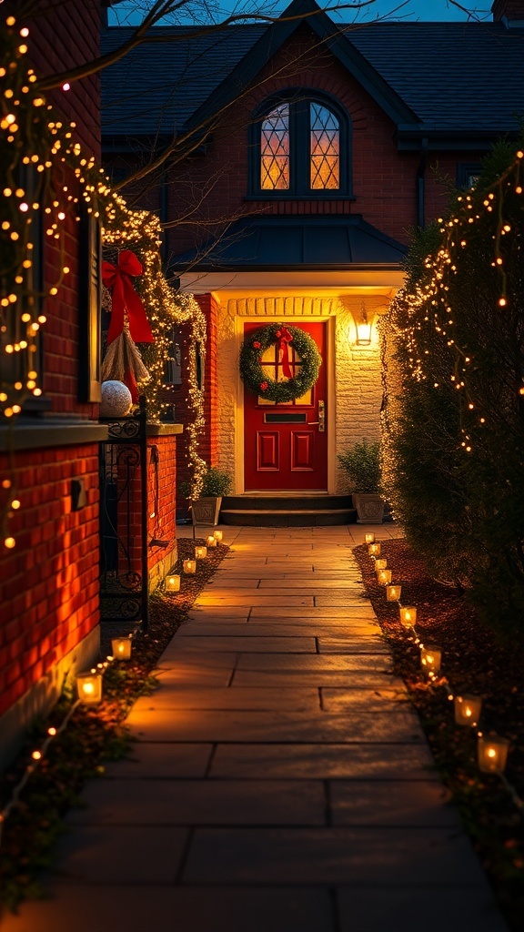 A beautifully lit pathway leading to a red front door decorated for Christmas.