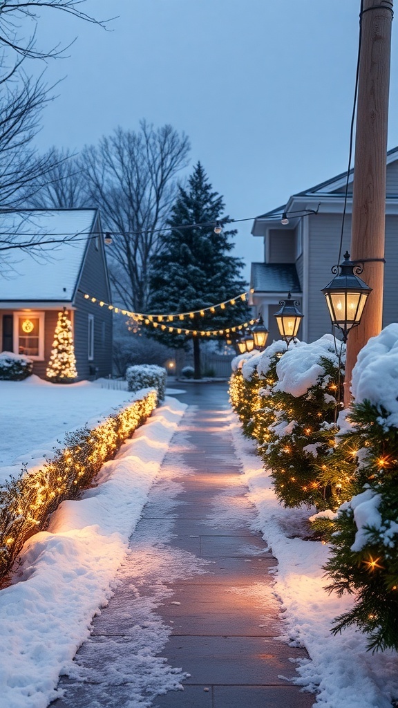 A snowy pathway lined with glowing lights and lanterns, leading to a decorated house.
