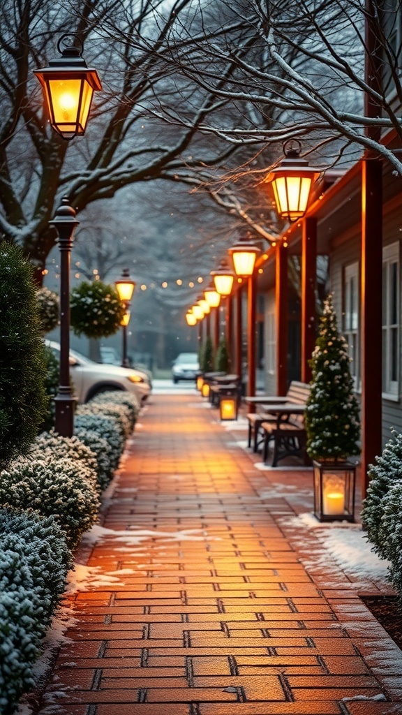A beautifully lit pathway with lanterns and snow-covered bushes.