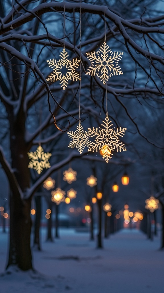 Illuminated snowflakes hanging from trees in a snowy setting