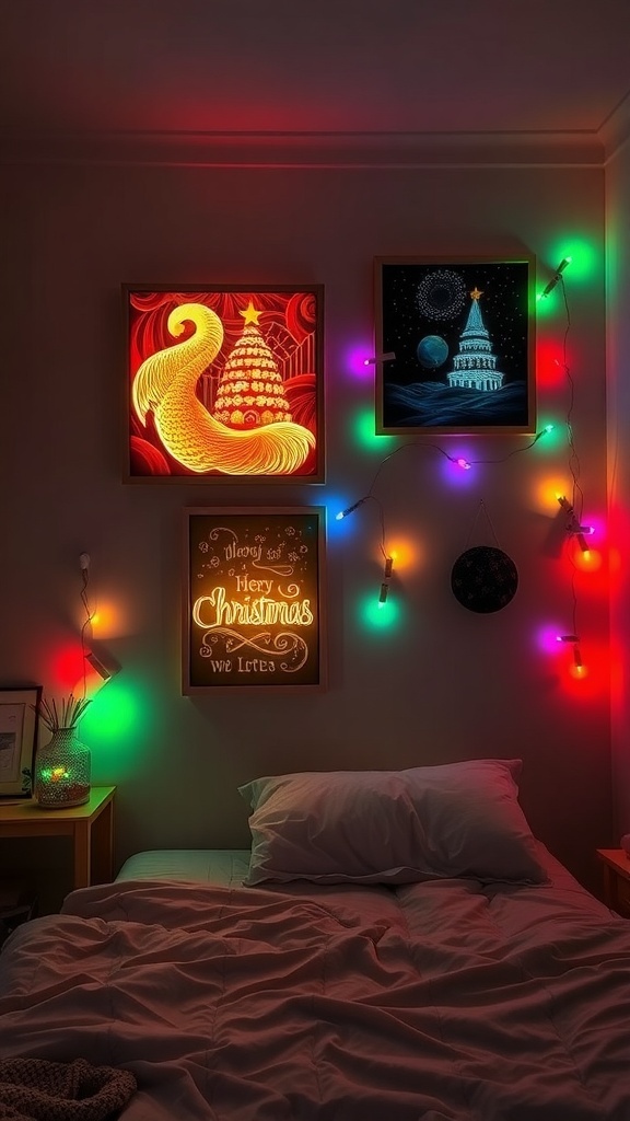 A cozy bedroom with illuminated wall art displays featuring Christmas themes and colorful lights.
