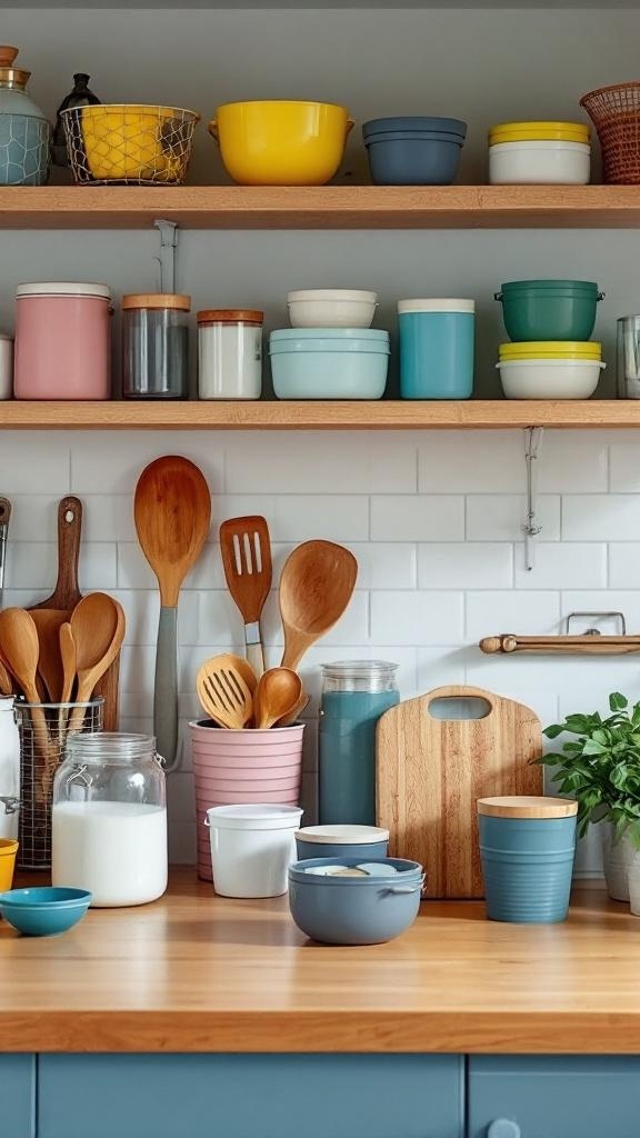 A colorful kitchen shelf with various bowls, jars, and utensils organized neatly.