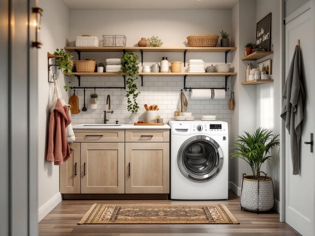 A small, stylish laundry room featuring a washer, sink, wooden cabinets, open shelving, and decorative plants.