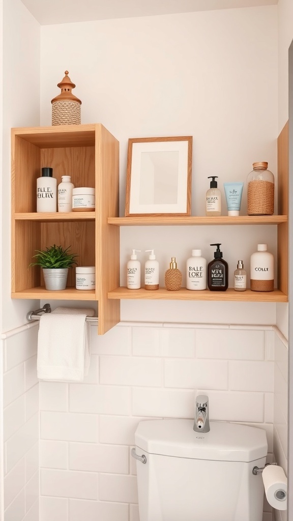 Open shelving in a small bathroom with neatly arranged toiletries and a decorative plant.