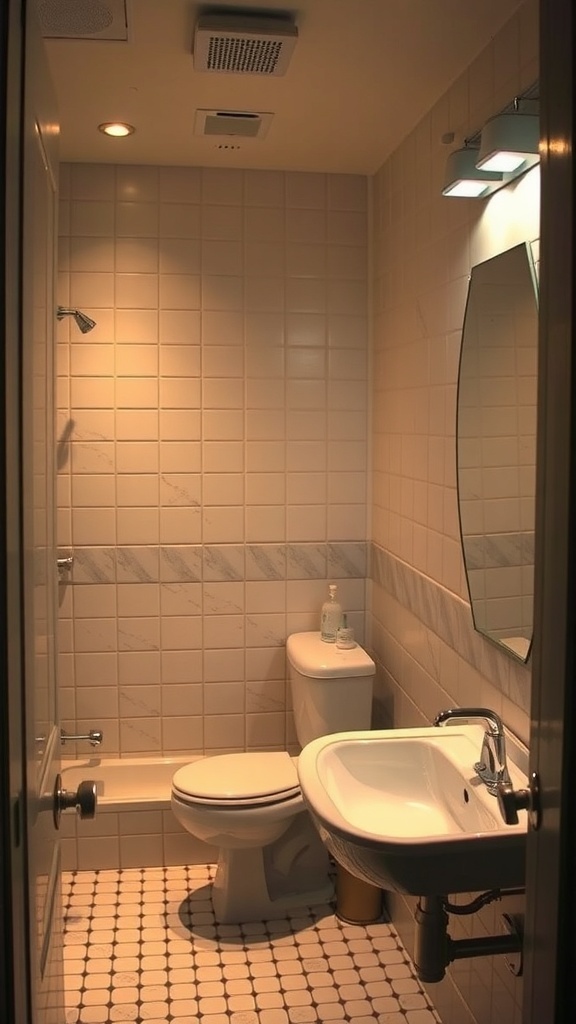 A small bathroom with modern lighting fixtures and a clean design.